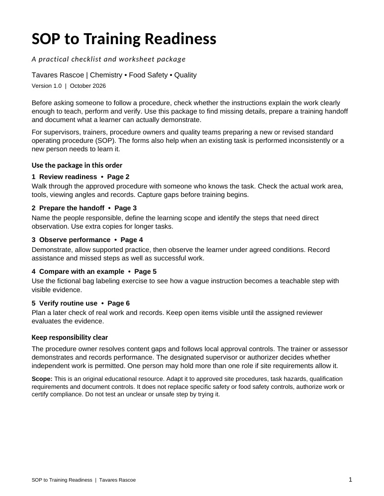 First-page preview of the SOP to Training Readiness package, showing the workflow and role responsibilities